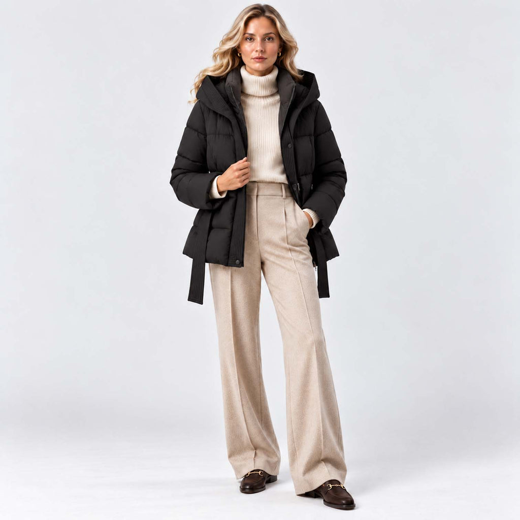 Monvaline | Women’s Puffer Jacket with Hood and Belt - Winter Coat