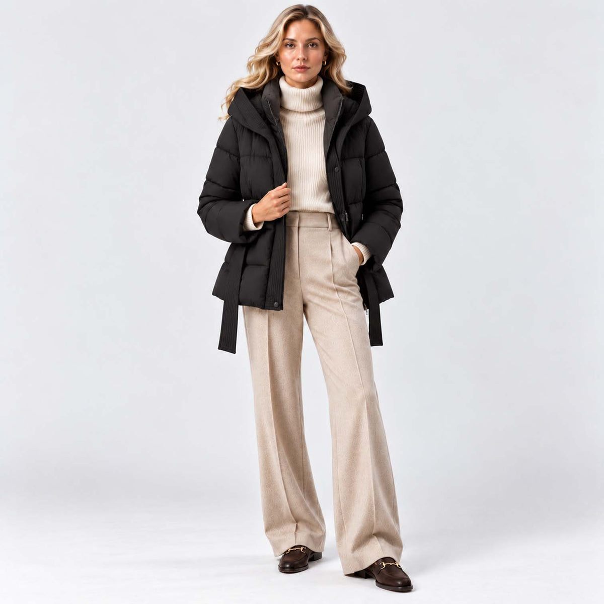Monvaline | Women’s Puffer Jacket with Hood and Belt - Winter Coat