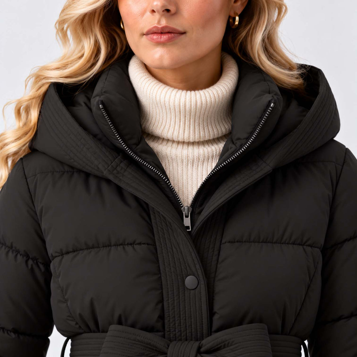 Monvaline | Women’s Puffer Jacket with Hood and Belt - Winter Coat