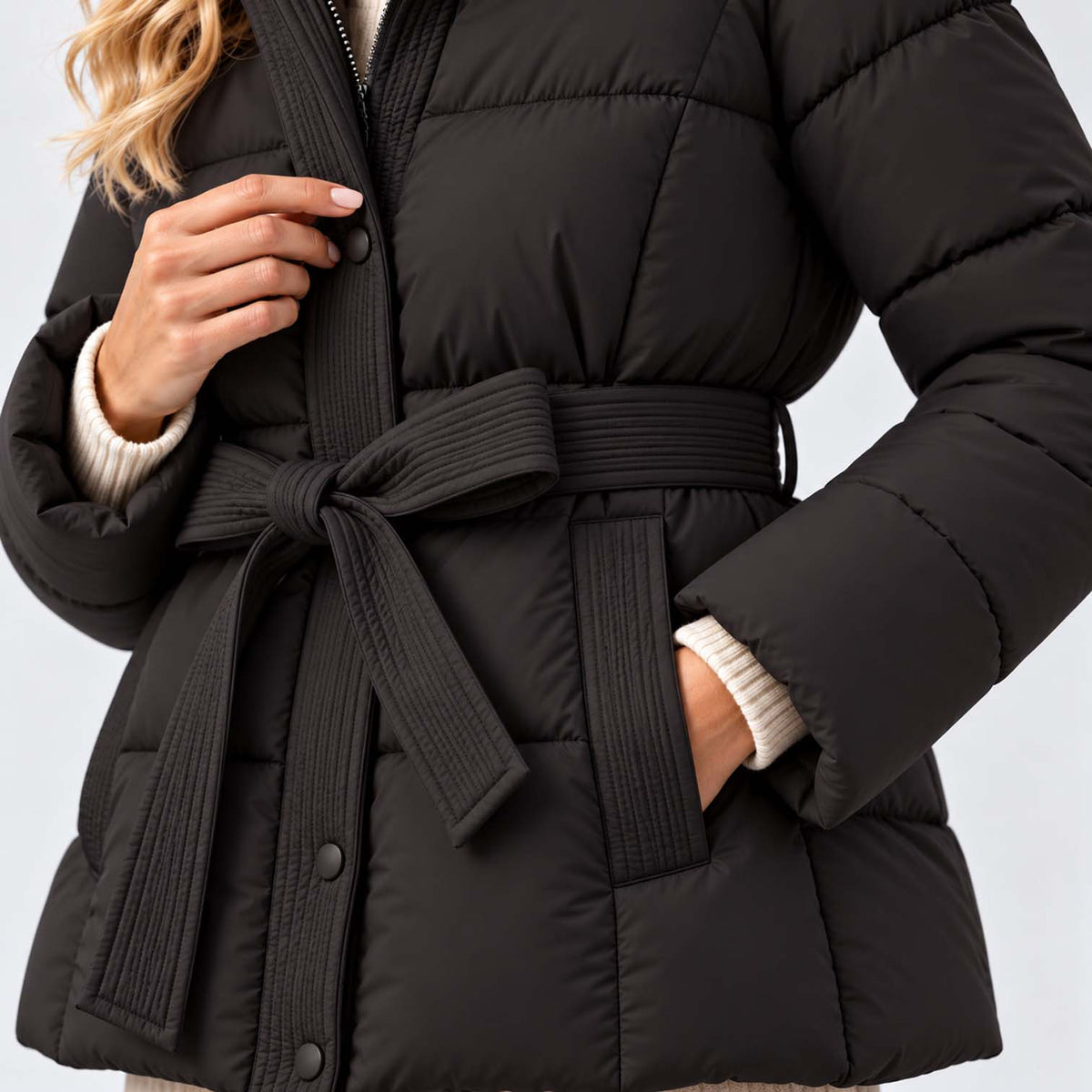 Monvaline | Women’s Puffer Jacket with Hood and Belt - Winter Coat