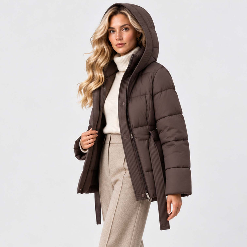 Monvaline | Women’s Puffer Jacket with Hood and Belt - Winter Coat