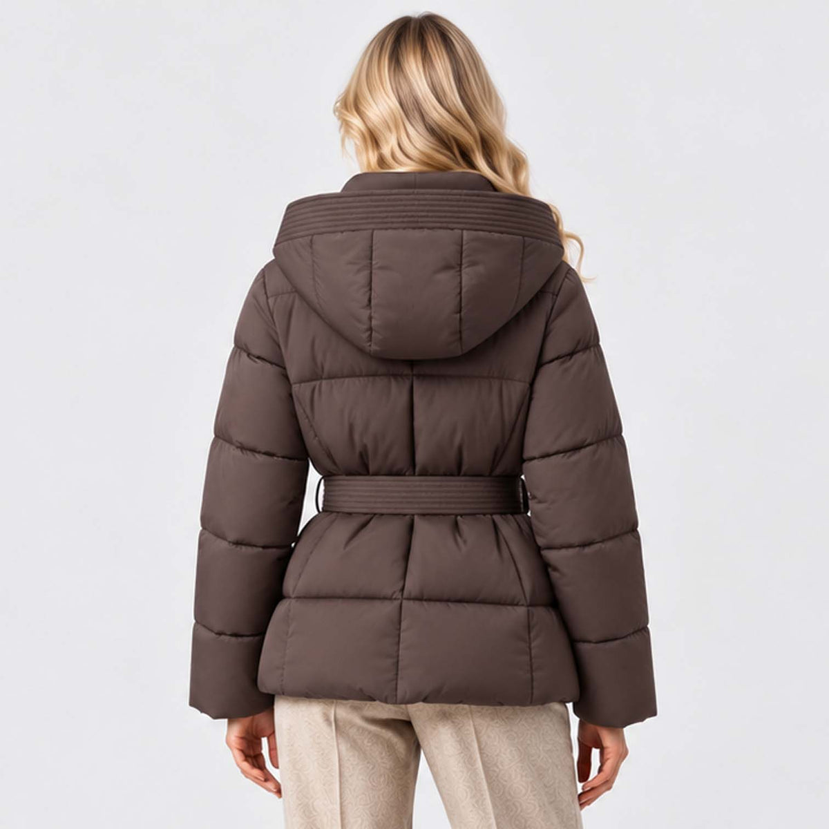 Monvaline | Women’s Puffer Jacket with Hood and Belt - Winter Coat