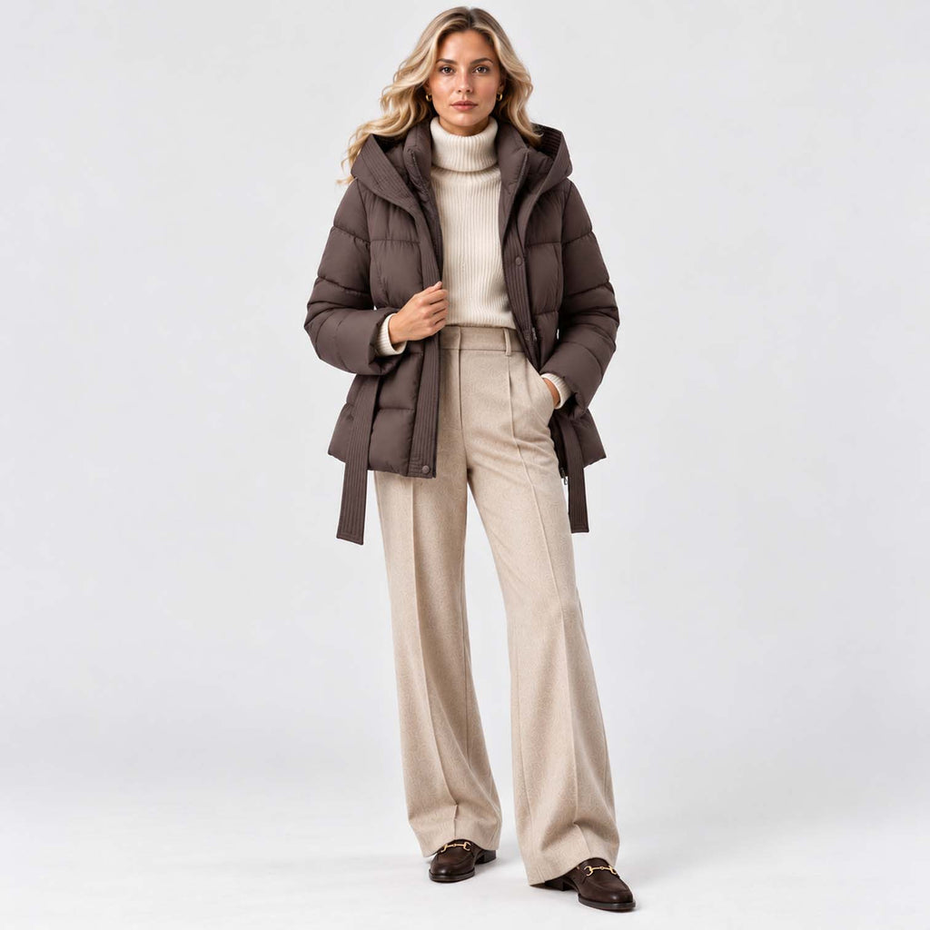 Monvaline | Women’s Puffer Jacket with Hood and Belt - Winter Coat
