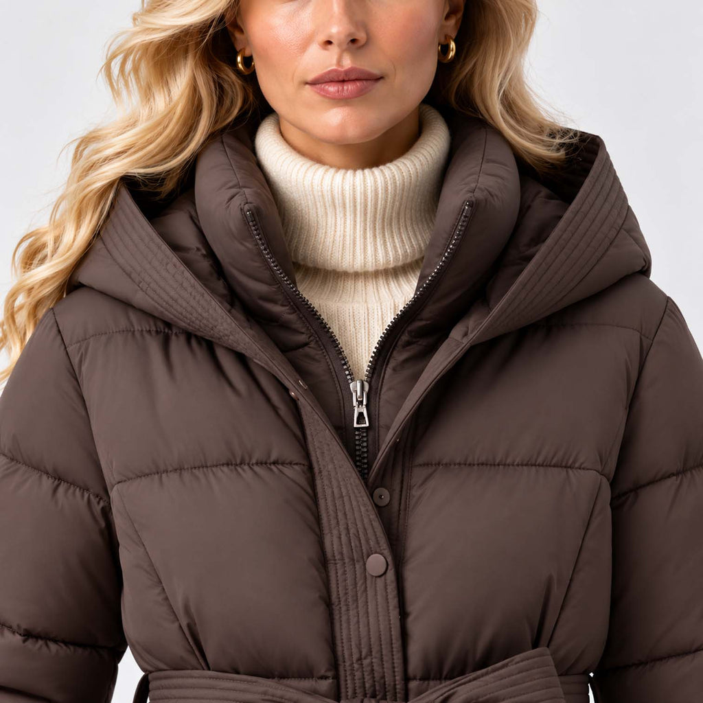 Monvaline | Women’s Puffer Jacket with Hood and Belt - Winter Coat