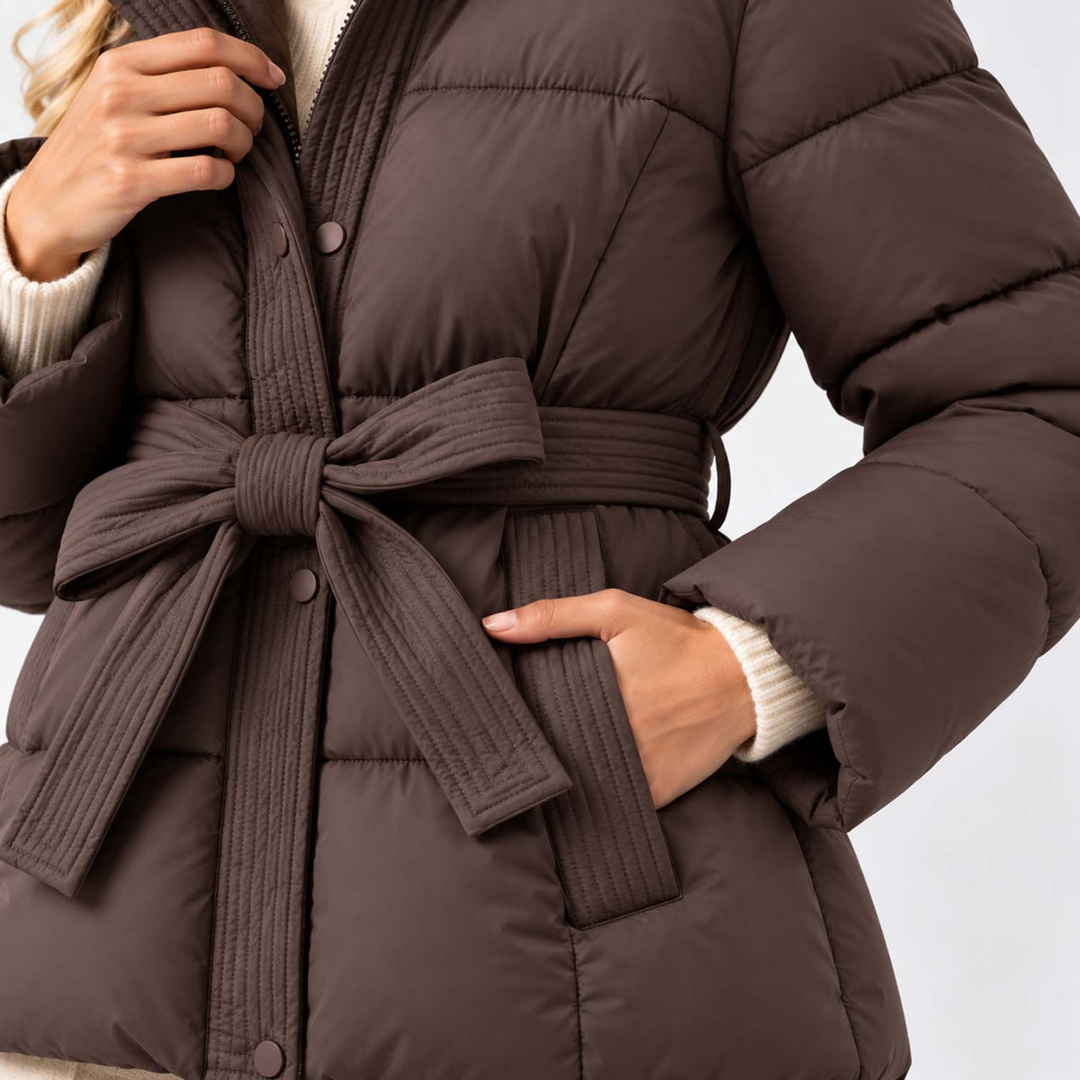 Monvaline | Women’s Puffer Jacket with Hood and Belt - Winter Coat
