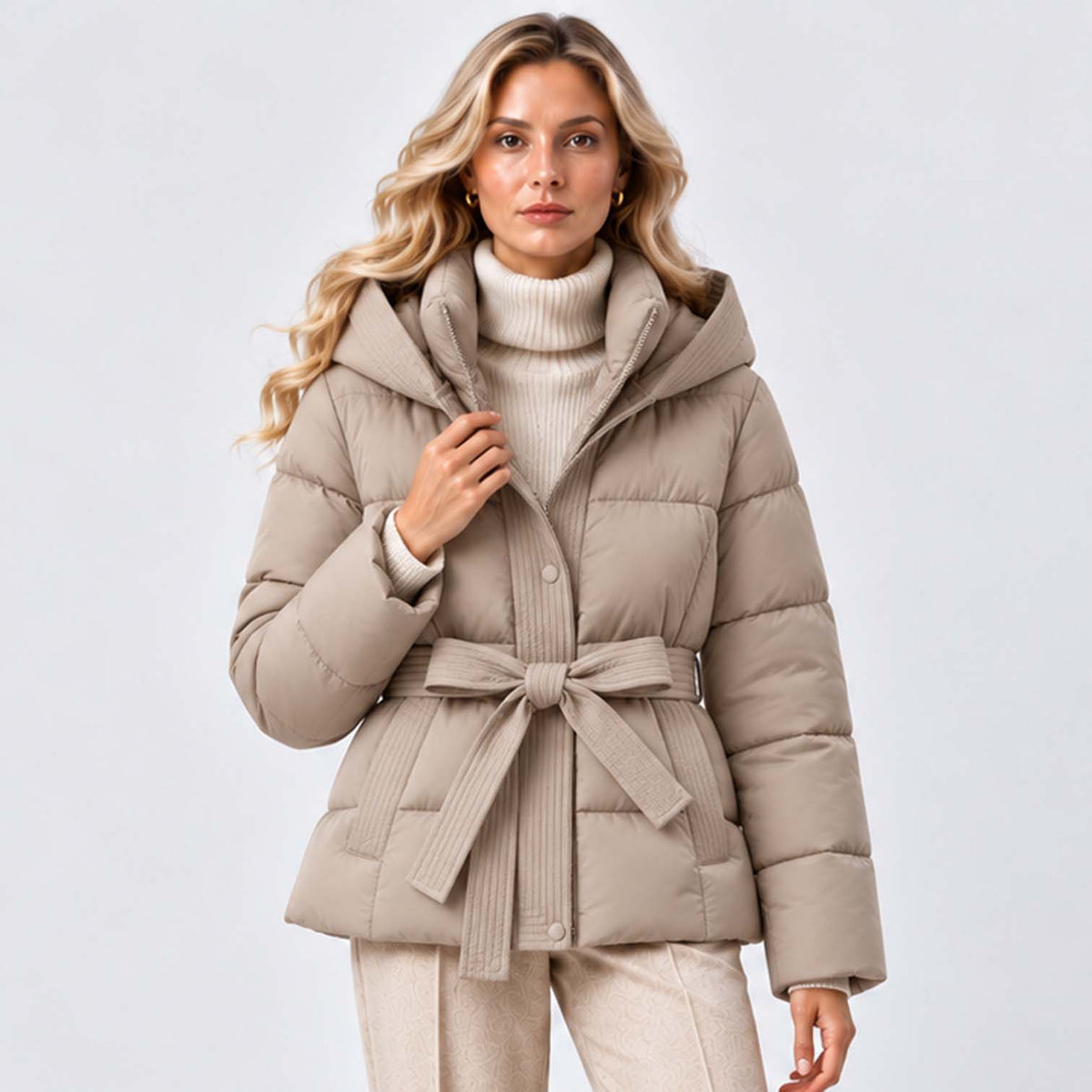Monvaline | Women’s Puffer Jacket with Hood and Belt - Winter Coat