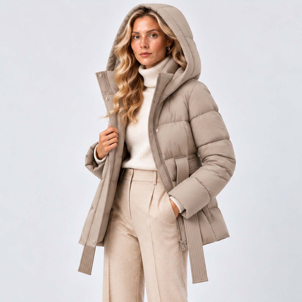 Monvaline | Women’s Puffer Jacket with Hood and Belt - Winter Coat