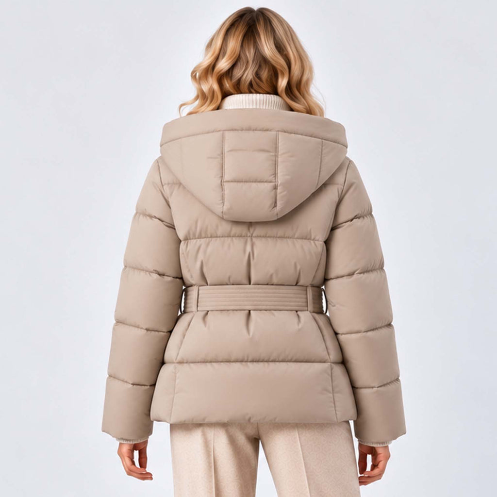 Monvaline | Women’s Puffer Jacket with Hood and Belt - Winter Coat