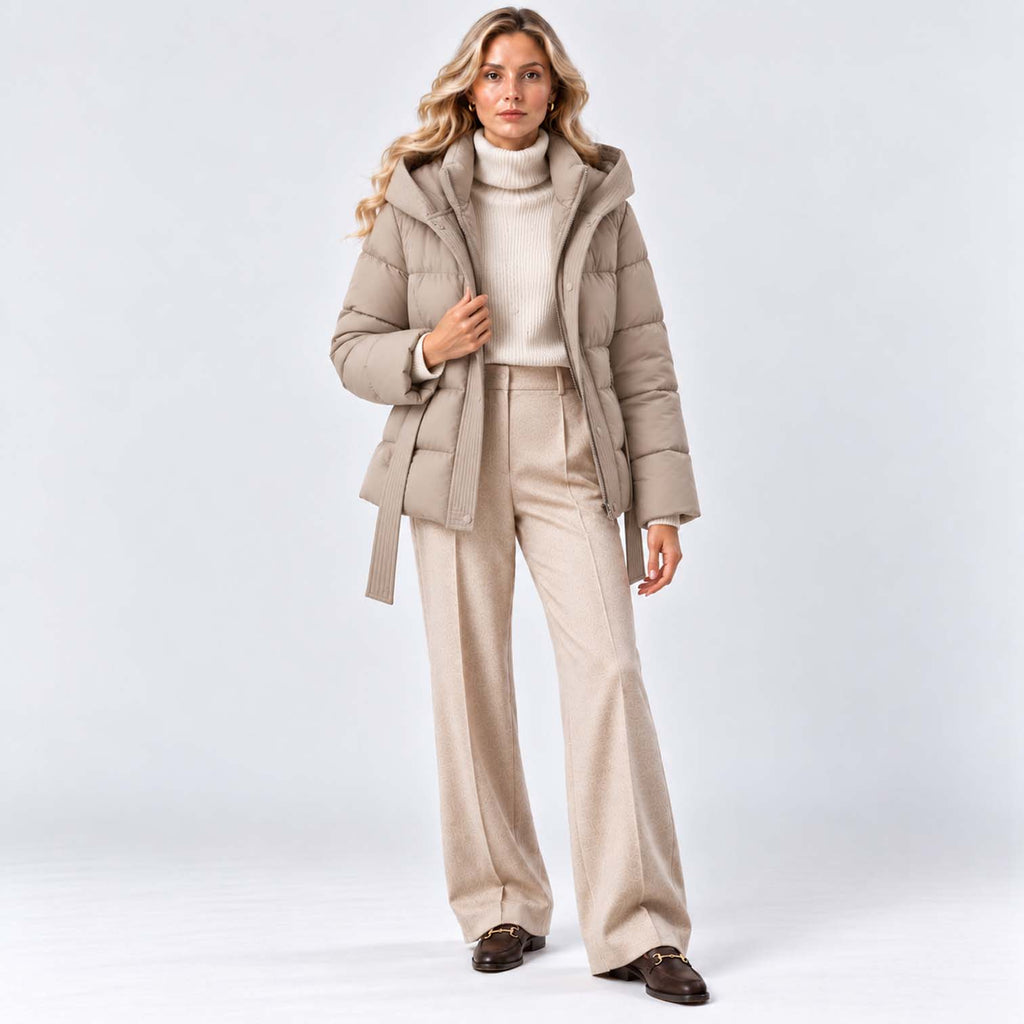 Monvaline | Women’s Puffer Jacket with Hood and Belt - Winter Coat