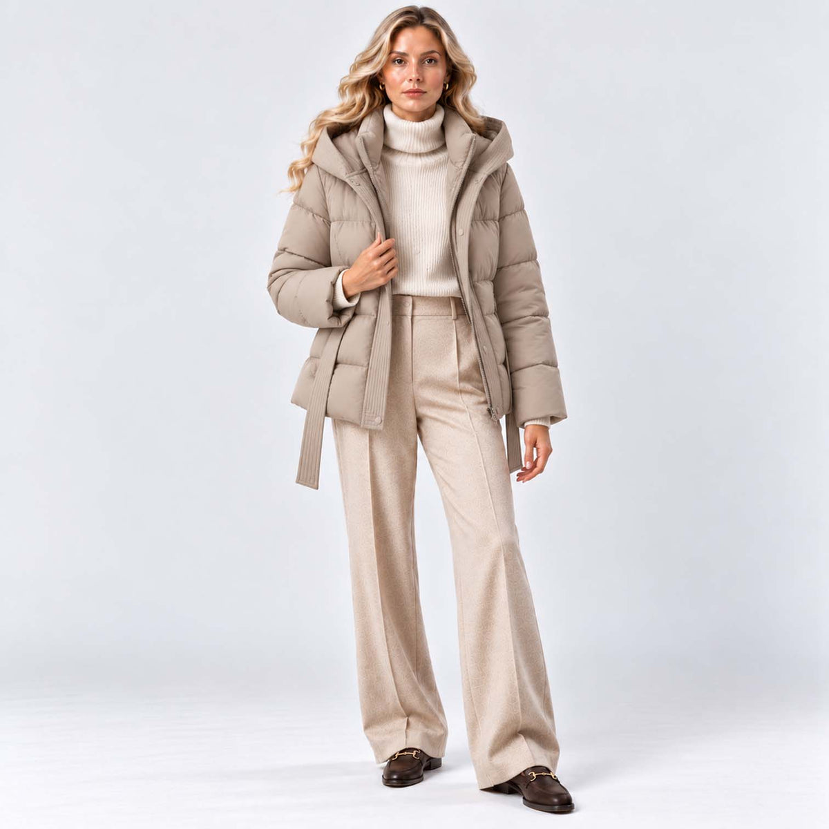 Monvaline | Women’s Puffer Jacket with Hood and Belt - Winter Coat
