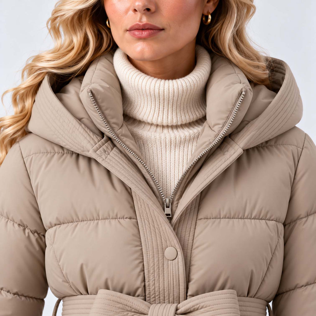 Monvaline | Women’s Puffer Jacket with Hood and Belt - Winter Coat
