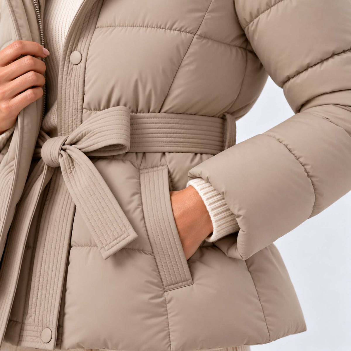 Monvaline | Women’s Puffer Jacket with Hood and Belt - Winter Coat
