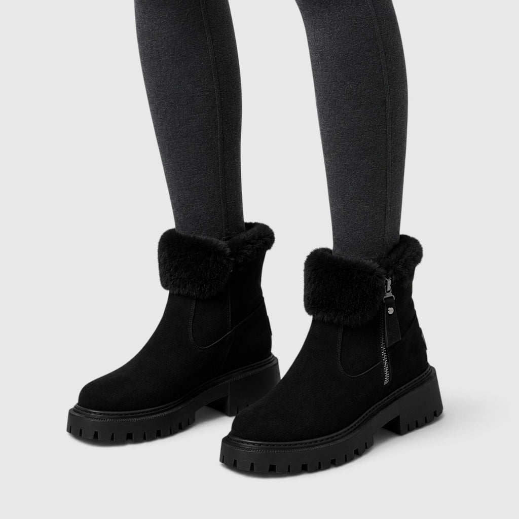 Monvaline | Women’s Suede Ankle Boots – Faux Fur Lined Chunky Sole