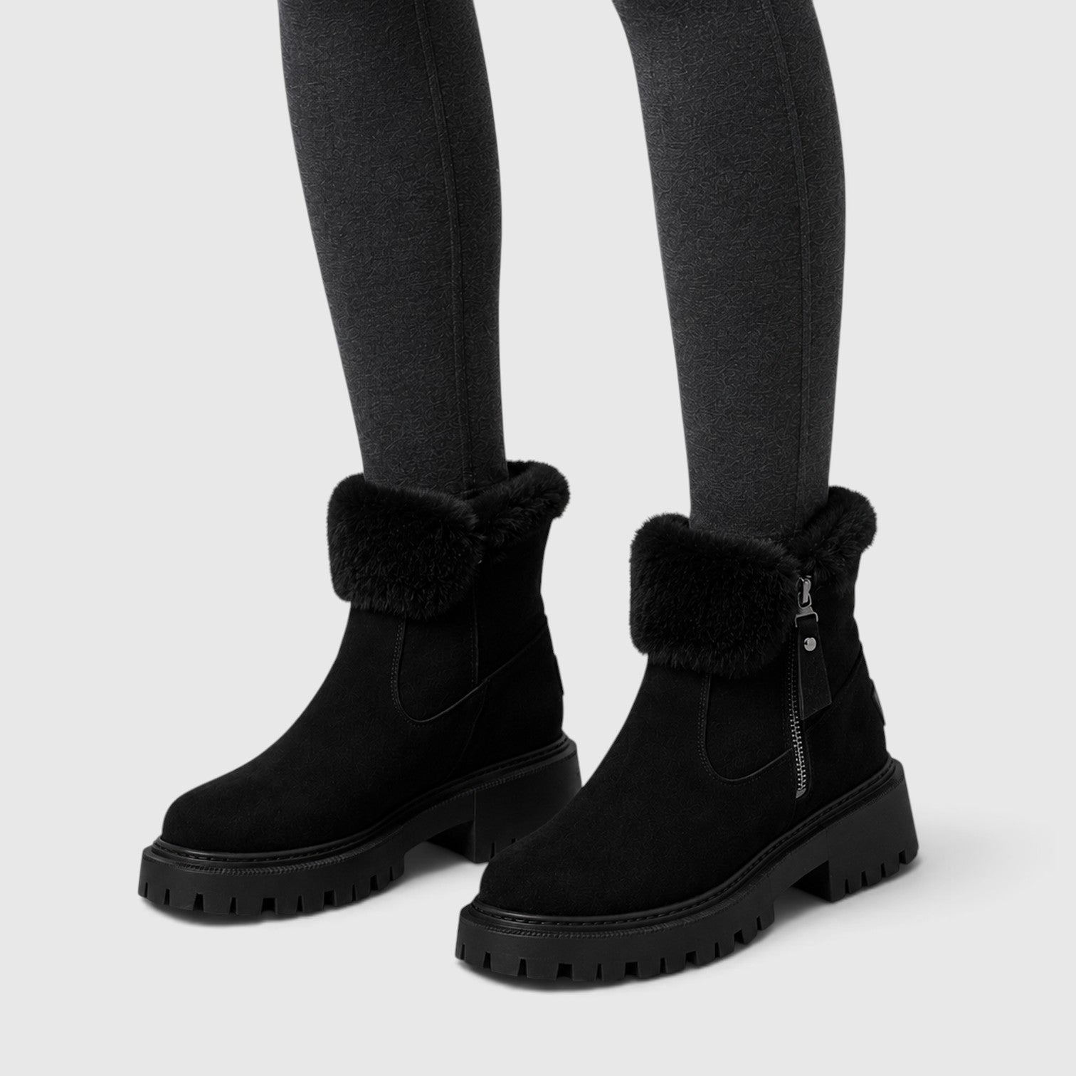 Monvaline | Women’s Suede Ankle Boots – Faux Fur Lined Chunky Sole