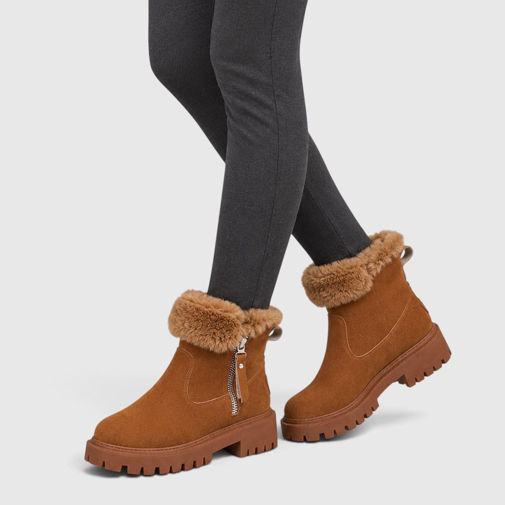 Monvaline | Women’s Suede Ankle Boots – Faux Fur Lined Chunky Sole