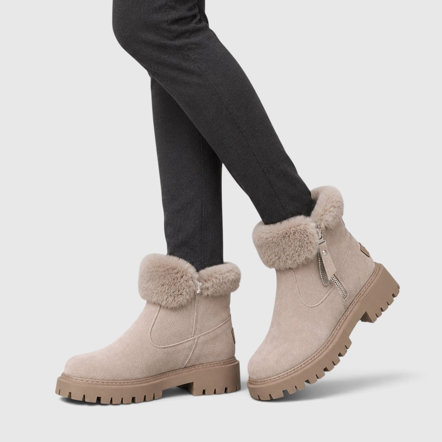 Monvaline | Women’s Suede Ankle Boots – Faux Fur Lined Chunky Sole