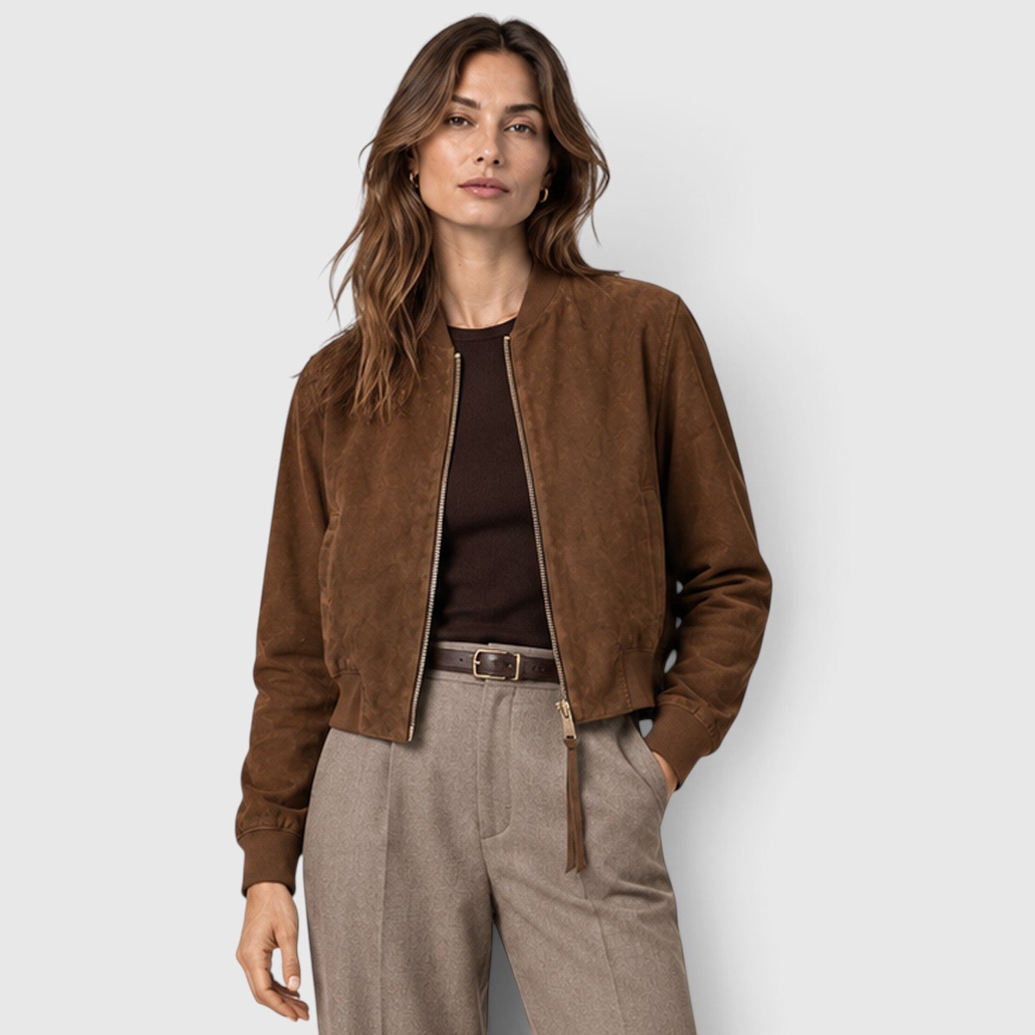 Monvaline | Women’s Suede Bomber Jacket with Gold Zip for Casual Wear