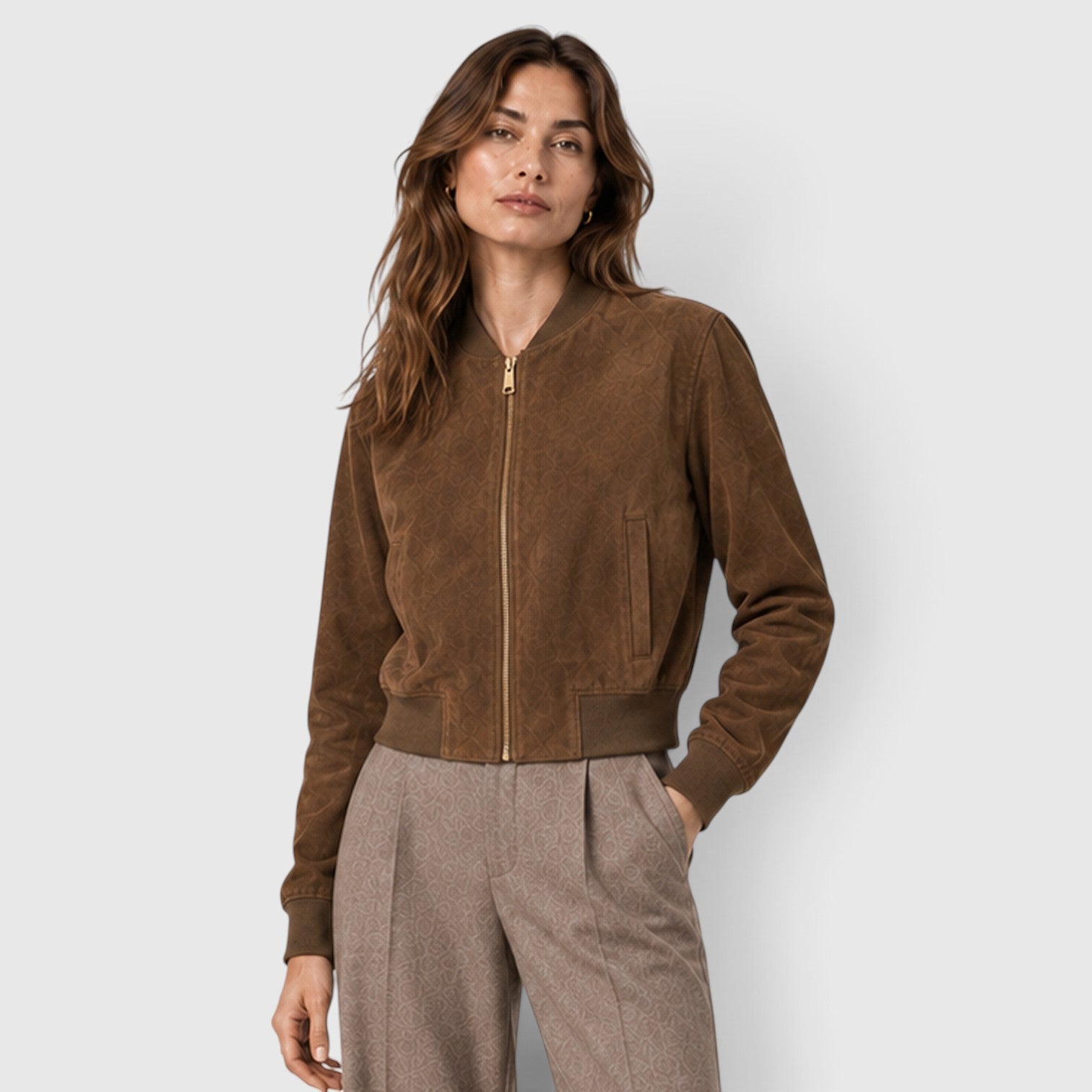 Monvaline | Women’s Suede Bomber Jacket with Gold Zip for Casual Wear