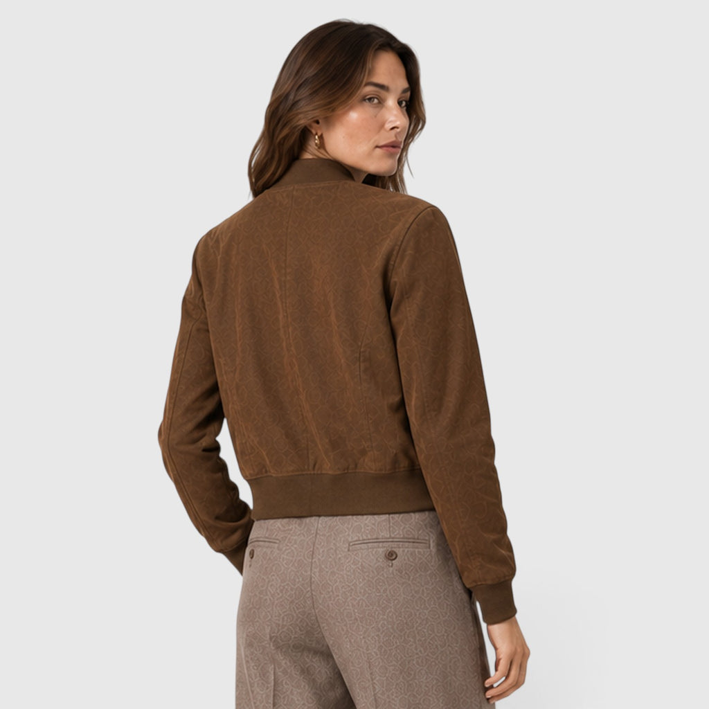 Monvaline | Women’s Suede Bomber Jacket with Gold Zip for Casual Wear