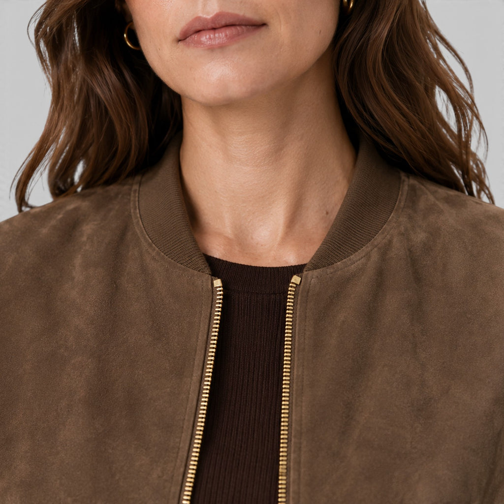 Monvaline | Women’s Suede Bomber Jacket with Gold Zip for Casual Wear