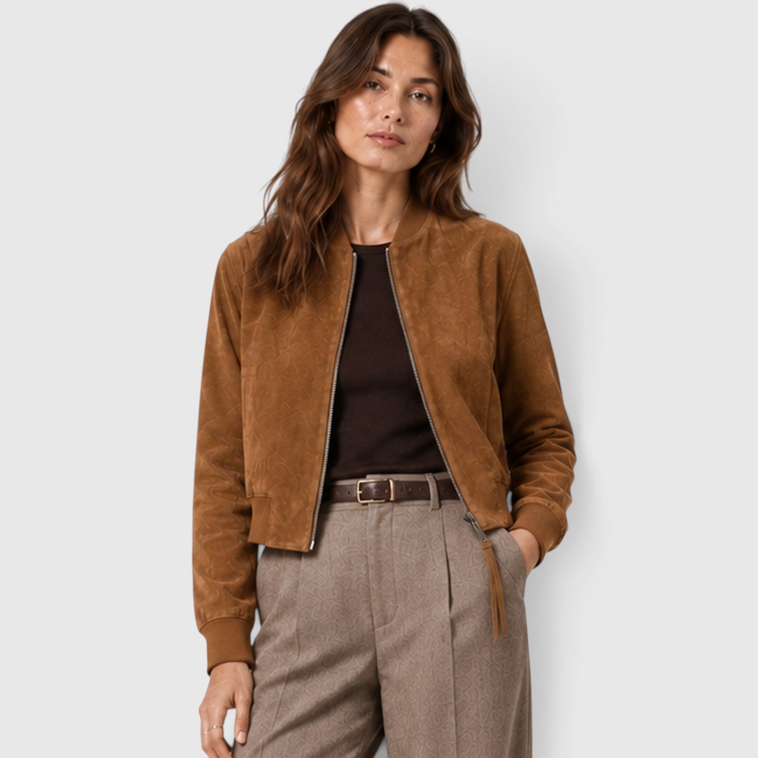 Monvaline | Women’s Suede Bomber Jacket with Gold Zip for Casual Wear