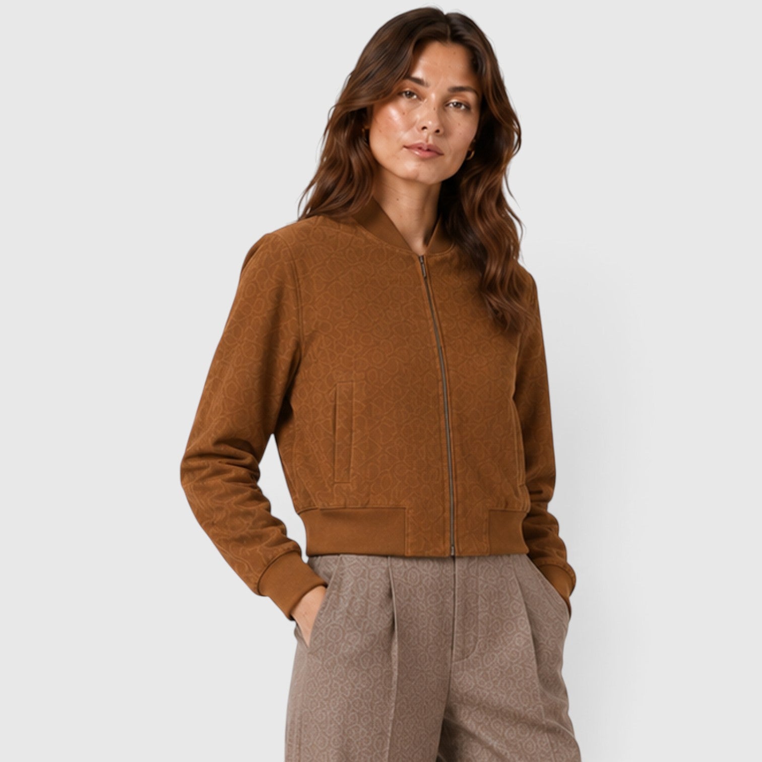 Monvaline | Women’s Suede Bomber Jacket with Gold Zip for Casual Wear