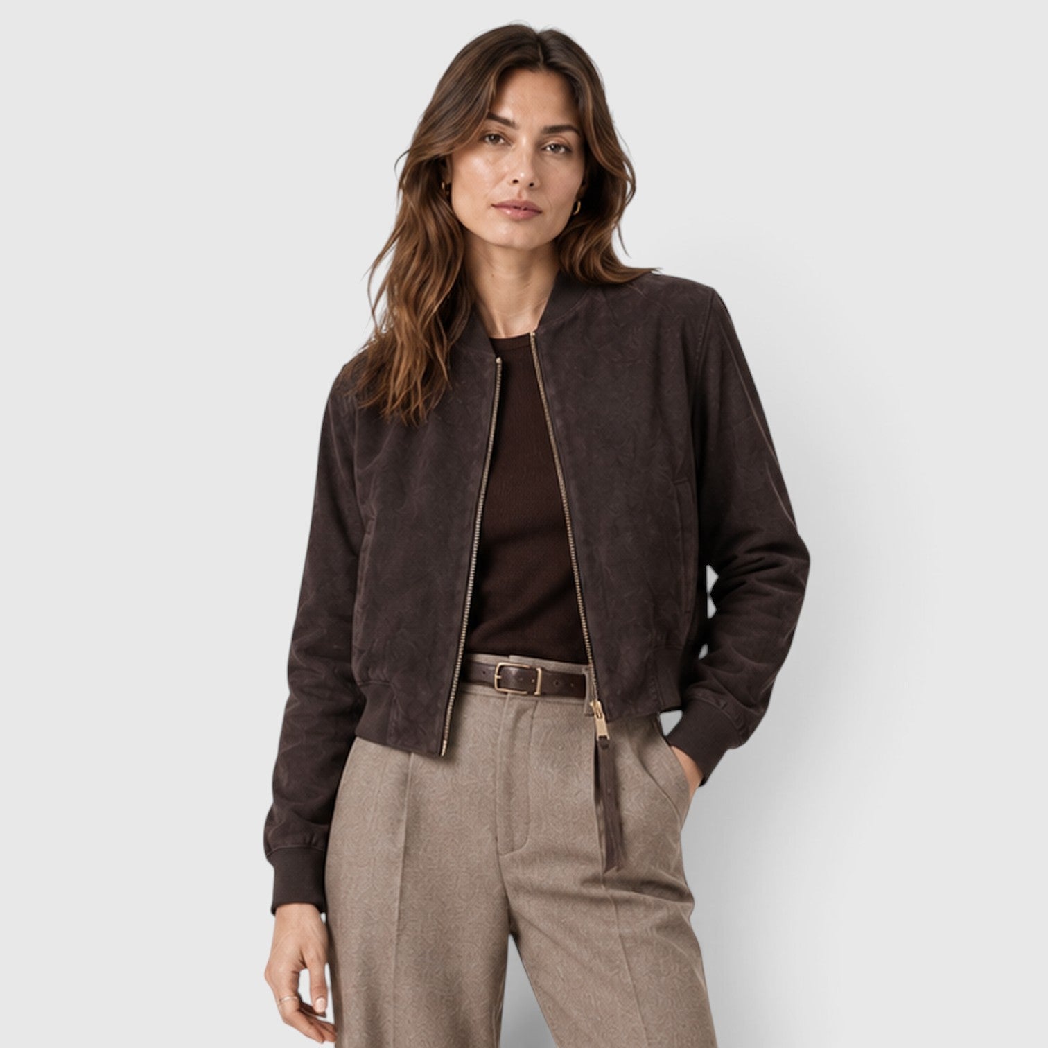 Monvaline | Women’s Suede Bomber Jacket with Gold Zip for Casual Wear