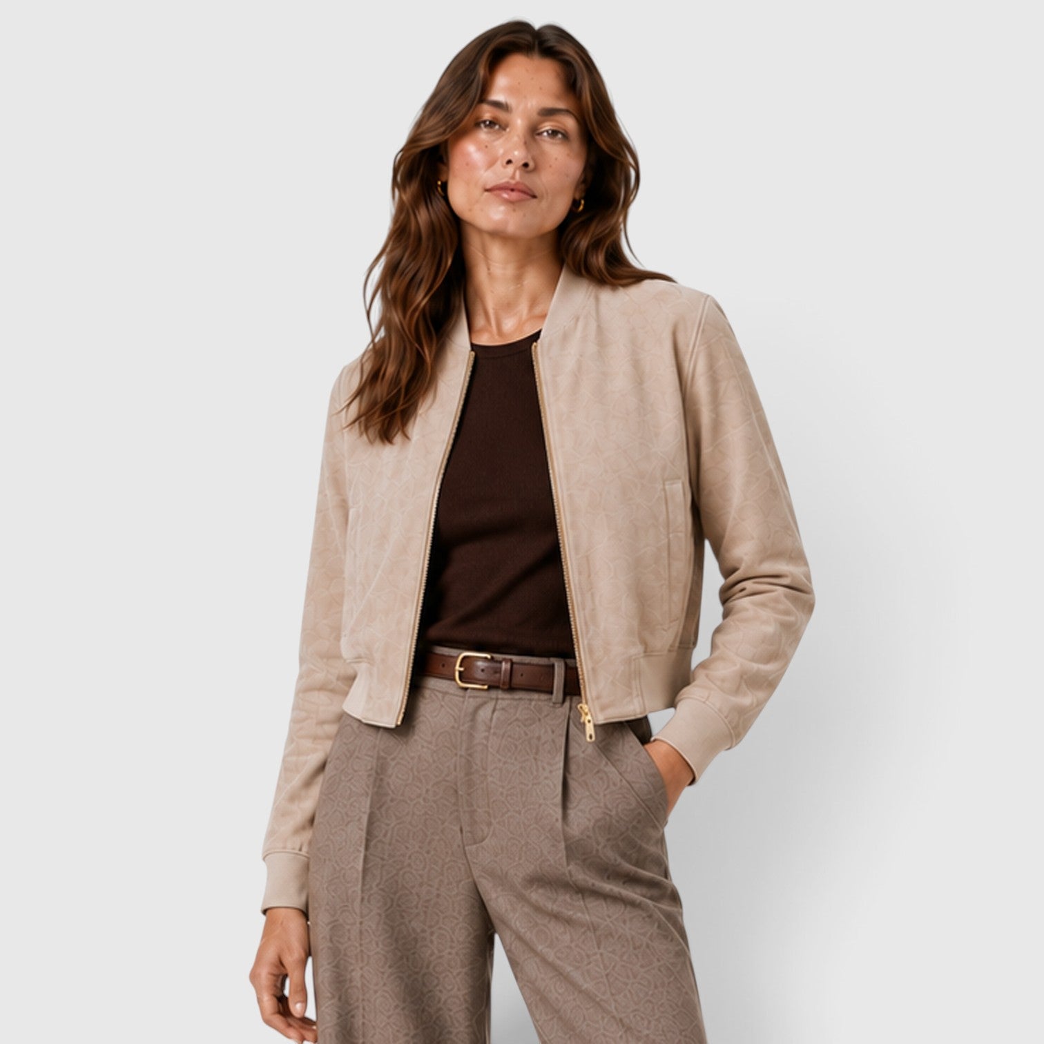Monvaline | Women’s Suede Bomber Jacket with Gold Zip for Casual Wear