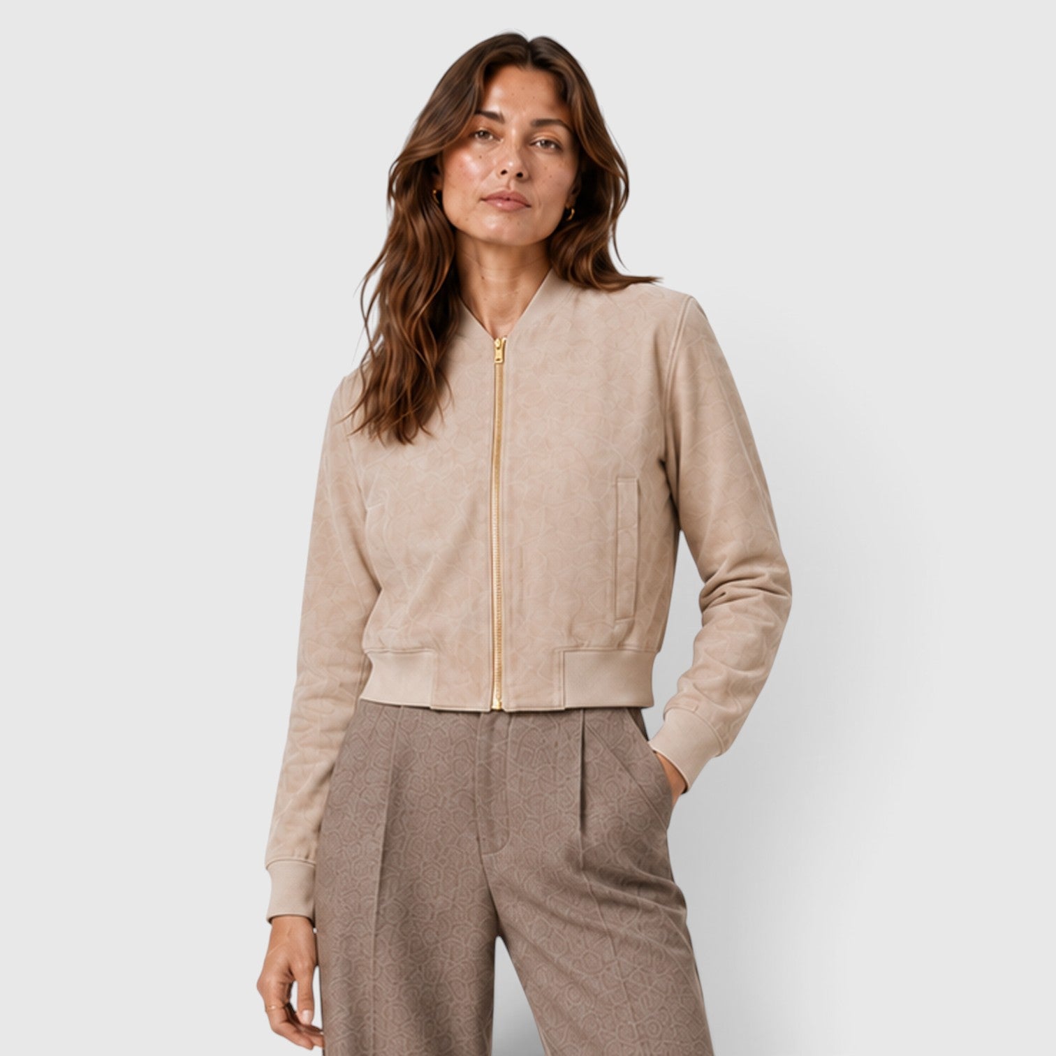 Monvaline | Women’s Suede Bomber Jacket with Gold Zip for Casual Wear