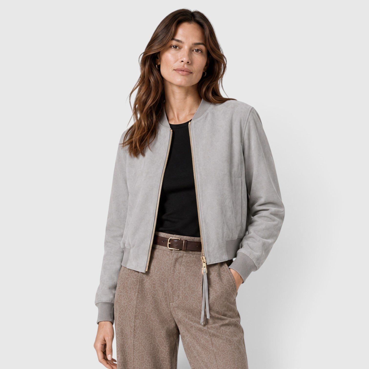 Monvaline | Women’s Suede Bomber Jacket with Gold Zip for Casual Wear