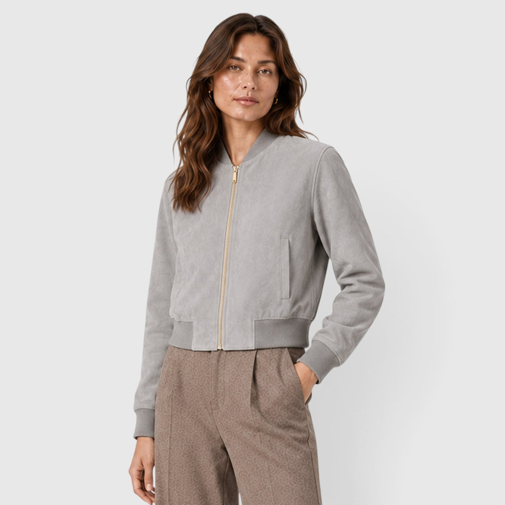 Monvaline | Women’s Suede Bomber Jacket with Gold Zip for Casual Wear