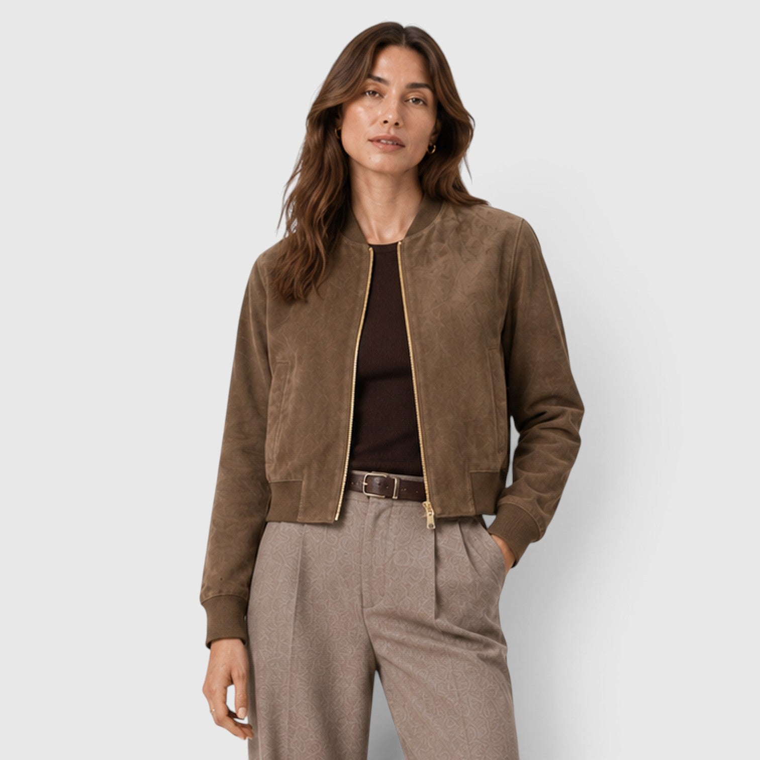 Monvaline | Women’s Suede Bomber Jacket with Gold Zip for Casual Wear