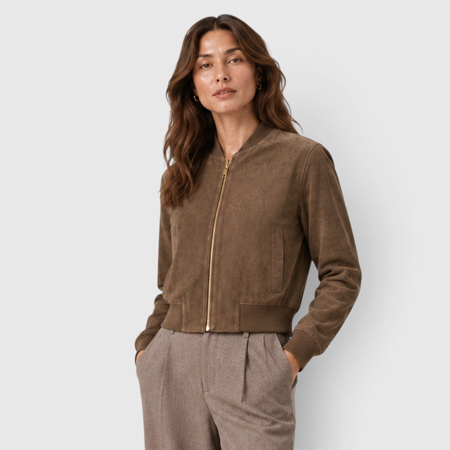 Monvaline | Women’s Suede Bomber Jacket with Gold Zip for Casual Wear