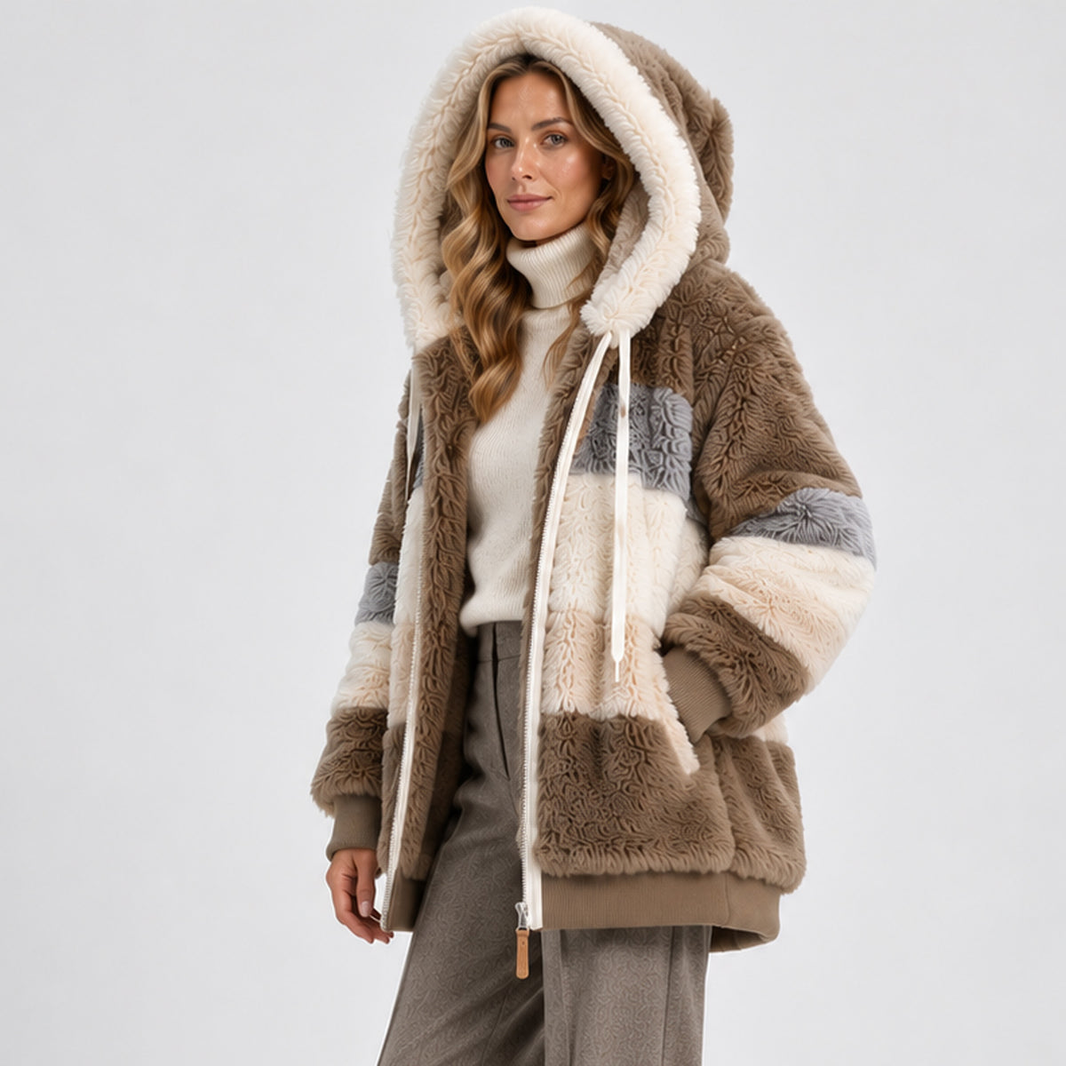 Monvaline | Women’s Warm Plush Winter Coat – Hooded Zip-Up