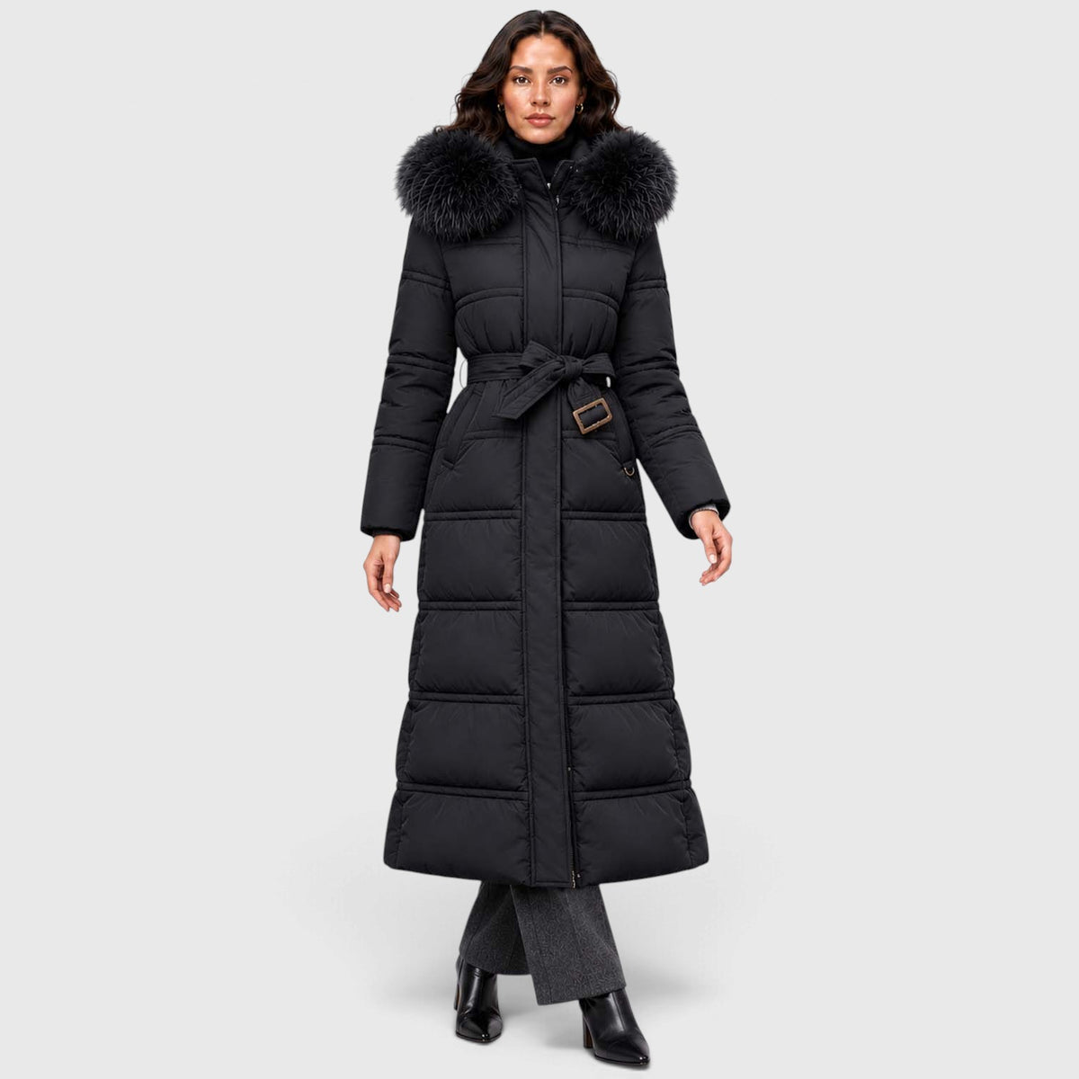 Monvaline | Women's Long Puffer Coat Fur Hood Winter Jacket