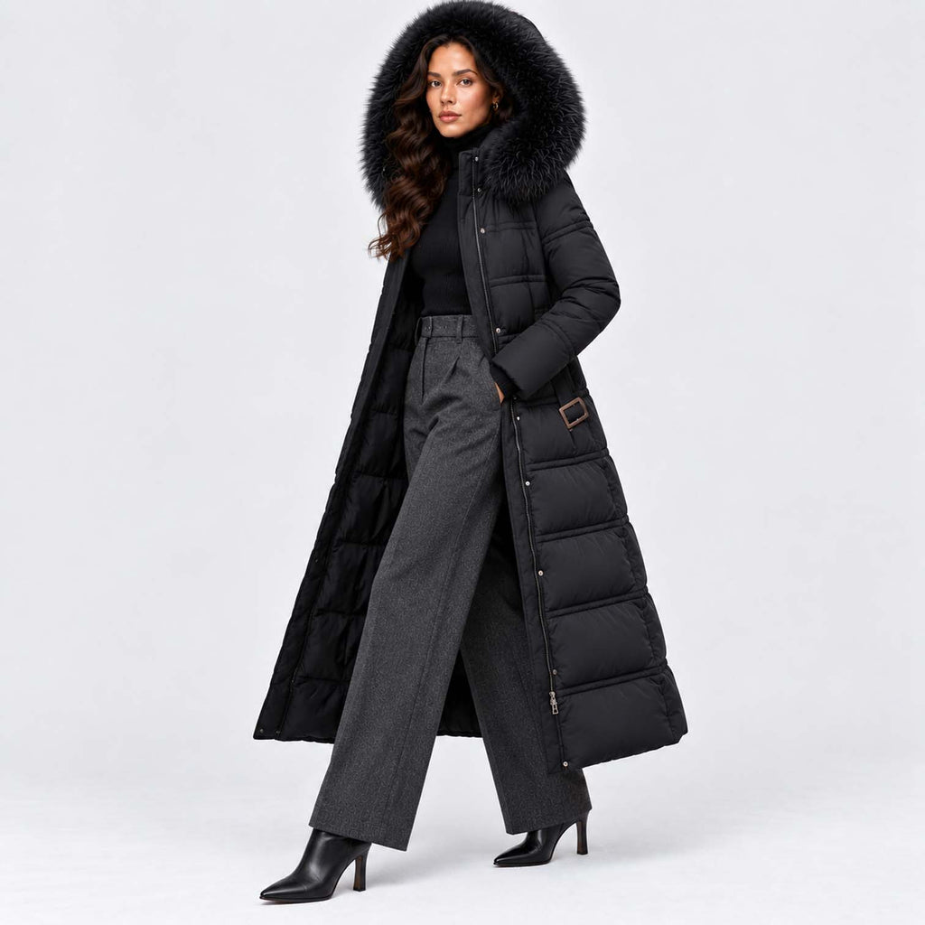 Monvaline | Women's Long Puffer Coat Fur Hood Winter Jacket