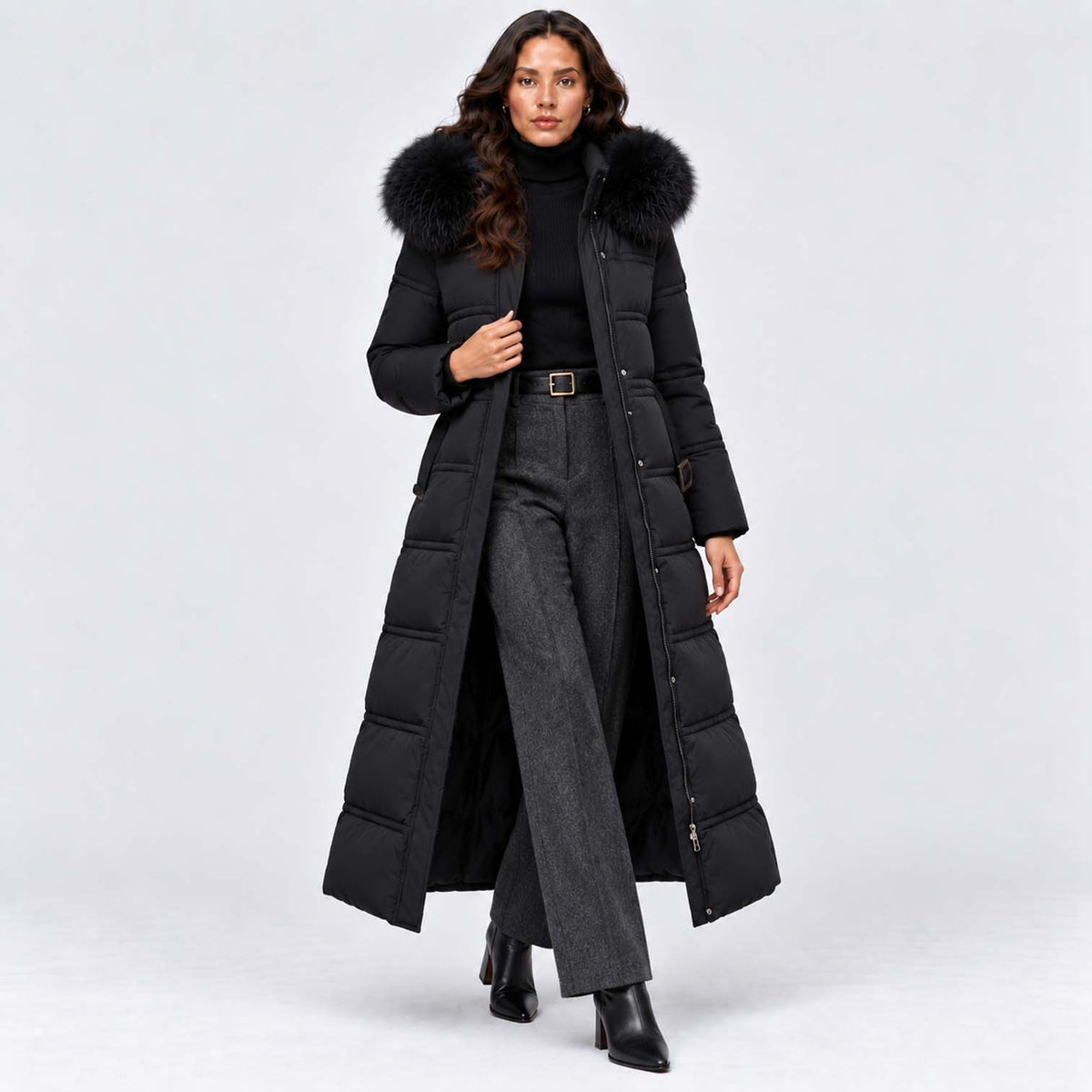 Monvaline | Women's Long Puffer Coat Fur Hood Winter Jacket