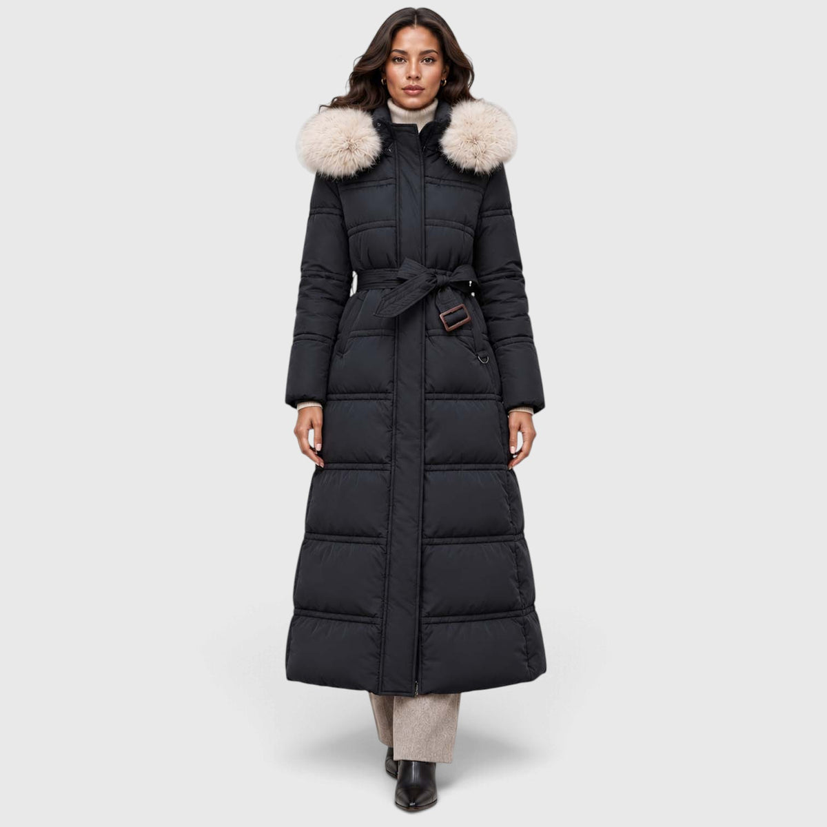 Monvaline | Women's Long Puffer Coat Fur Hood Winter Jacket