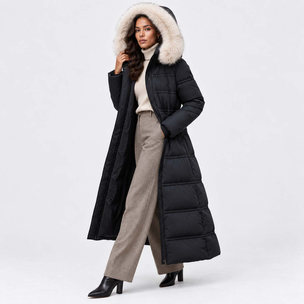 Monvaline | Women's Long Puffer Coat Fur Hood Winter Jacket