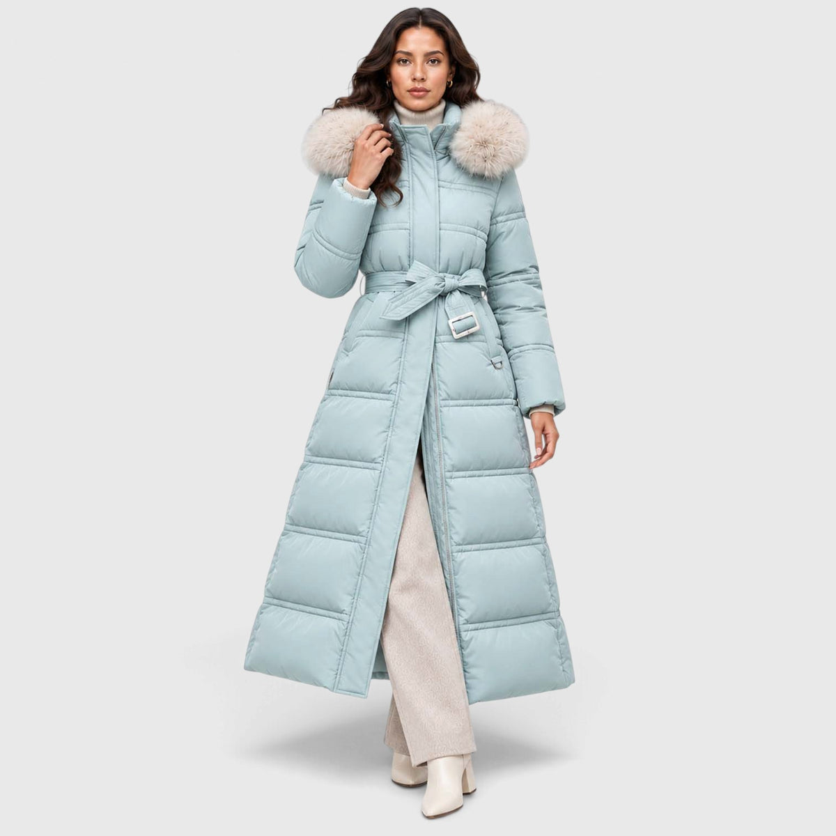 Monvaline | Women's Long Puffer Coat Fur Hood Winter Jacket