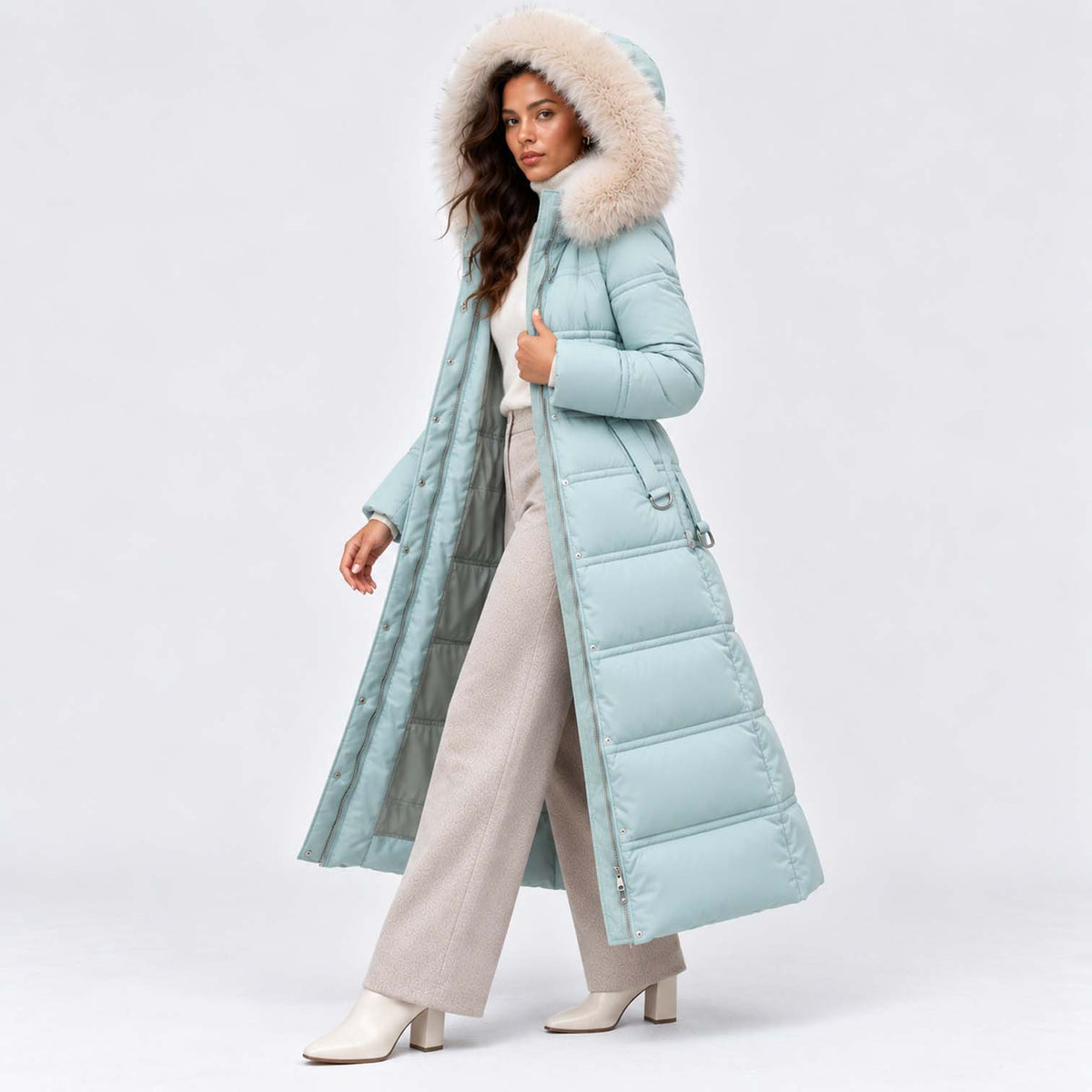 Monvaline | Women's Long Puffer Coat Fur Hood Winter Jacket