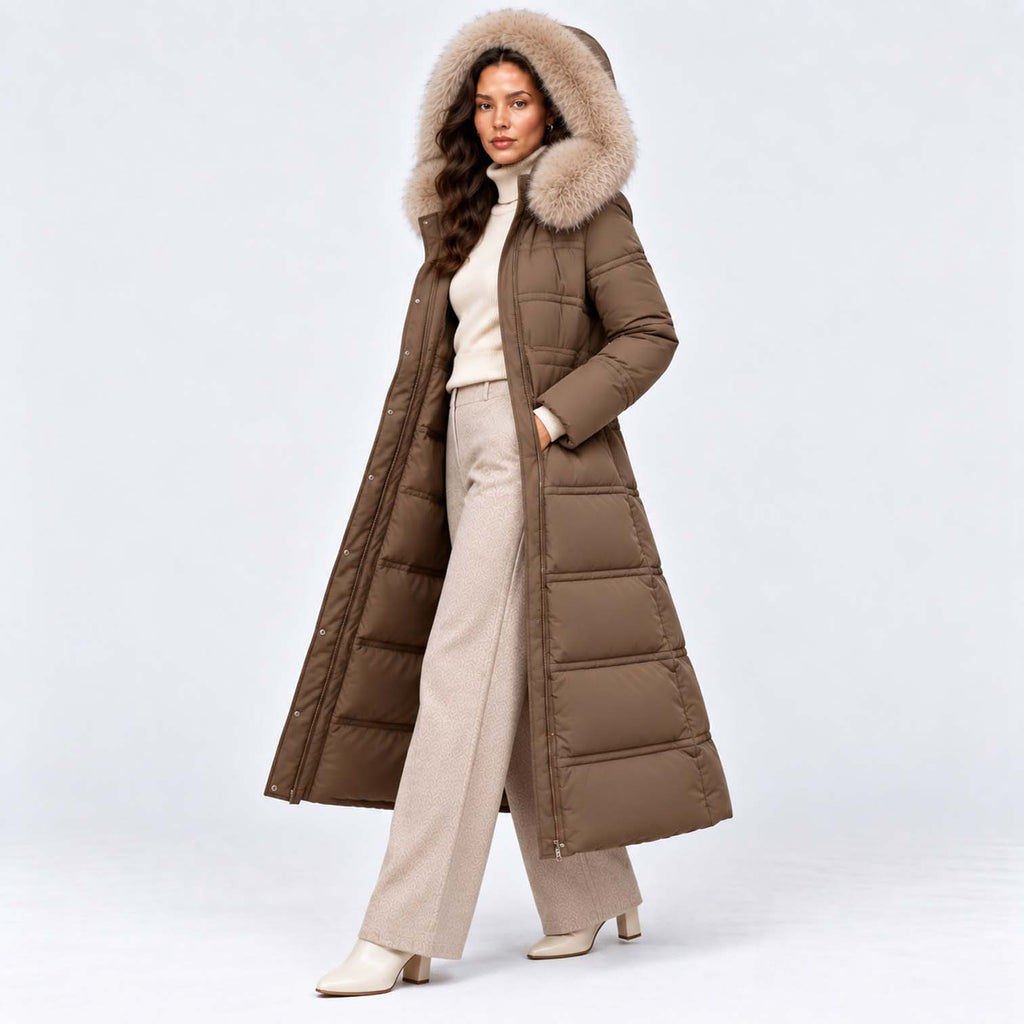 Monvaline | Women's Long Puffer Coat Fur Hood Winter Jacket