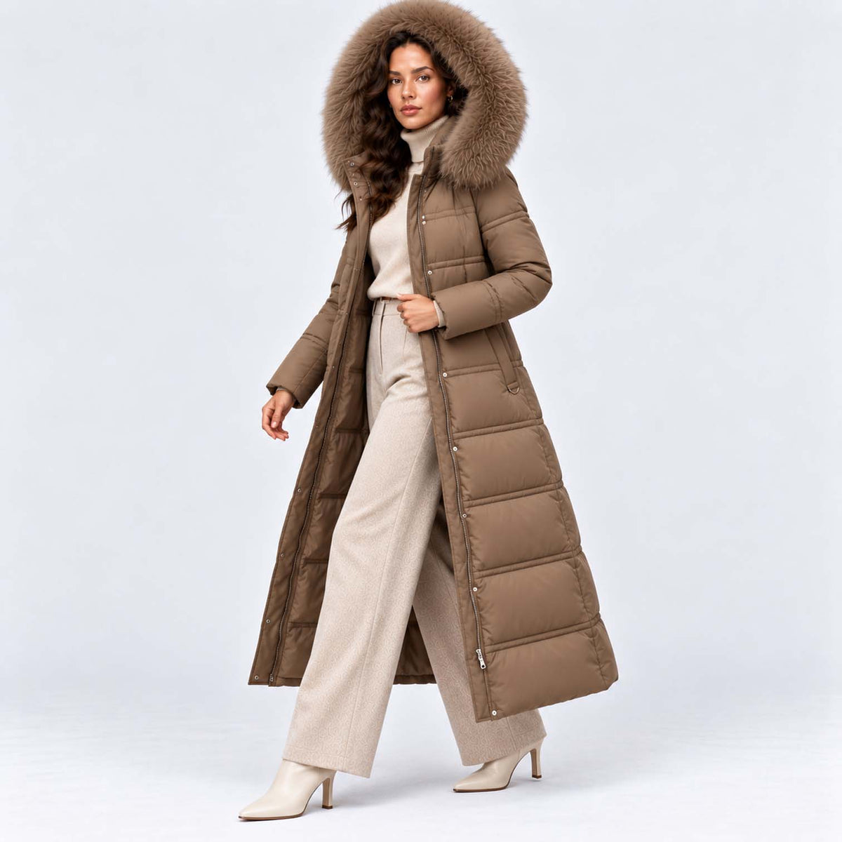 Monvaline | Women's Long Puffer Coat Fur Hood Winter Jacket
