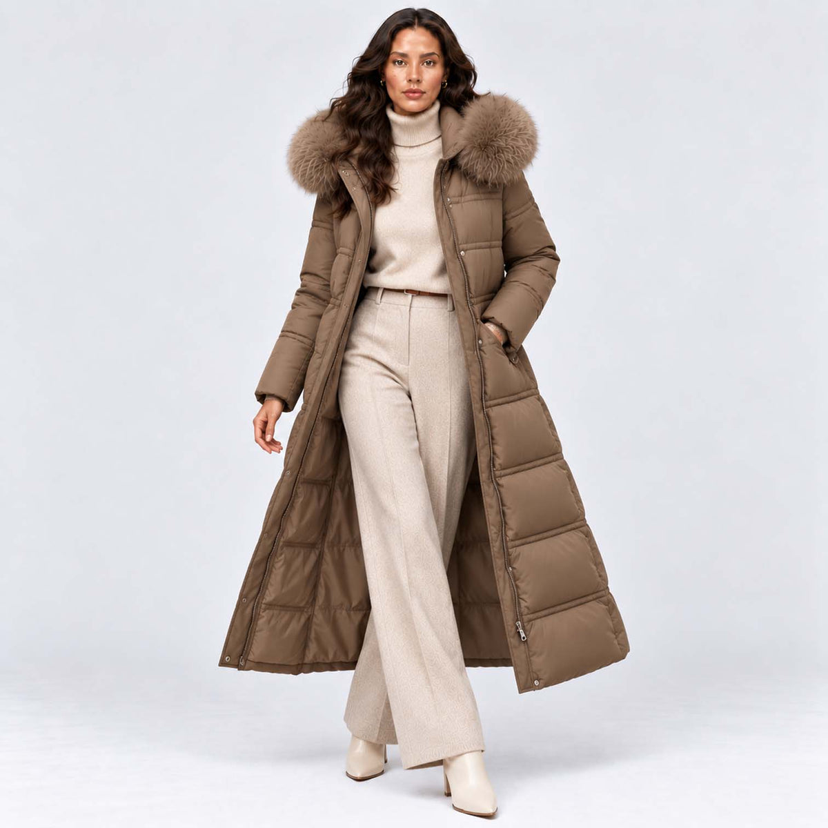 Monvaline | Women's Long Puffer Coat Fur Hood Winter Jacket