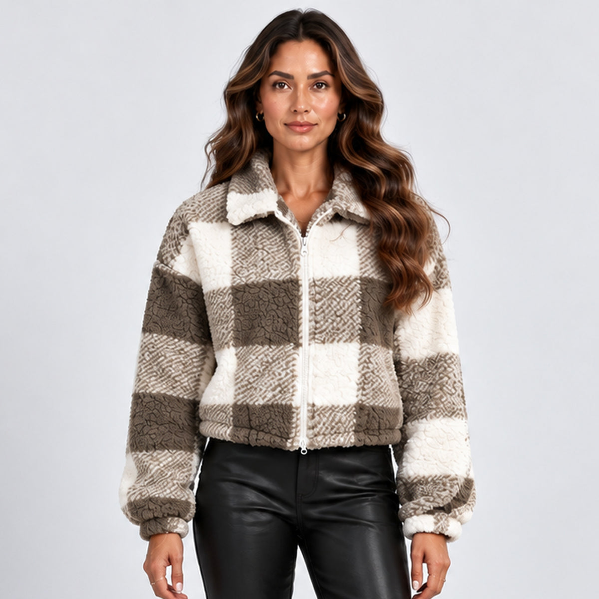Monvaline | Women’s Winter Teddy Jacket – Cropped Checked Design
