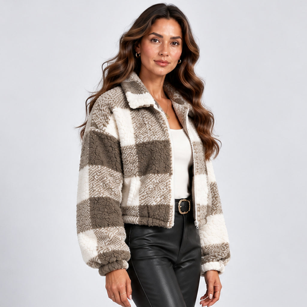 Monvaline | Women’s Winter Teddy Jacket – Cropped Checked Design