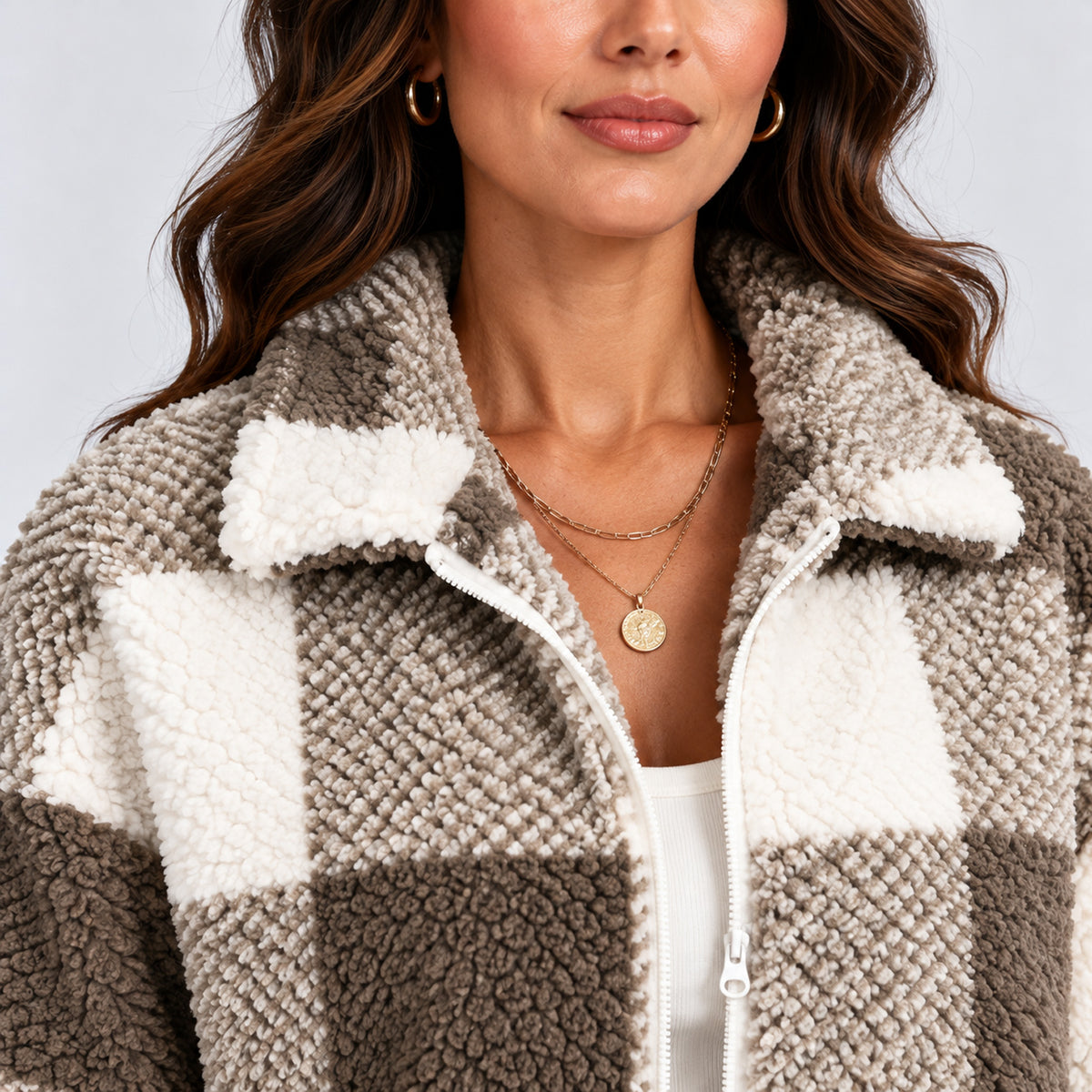 Monvaline | Women’s Winter Teddy Jacket – Cropped Checked Design
