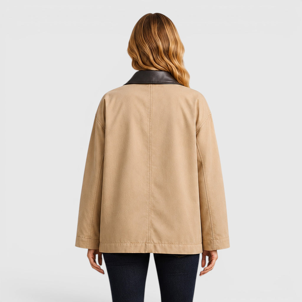 Monvaline | Women's Casual Barn Jacket with Leather Collar