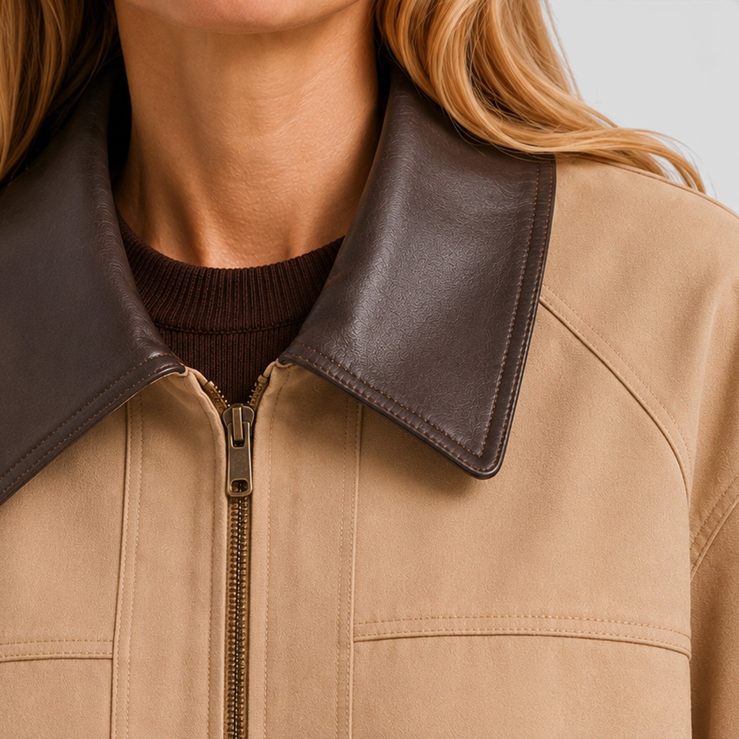Monvaline | Women's Casual Barn Jacket with Leather Collar