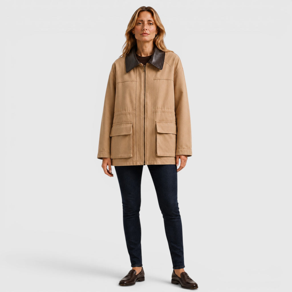 Monvaline | Women's Casual Barn Jacket with Leather Collar